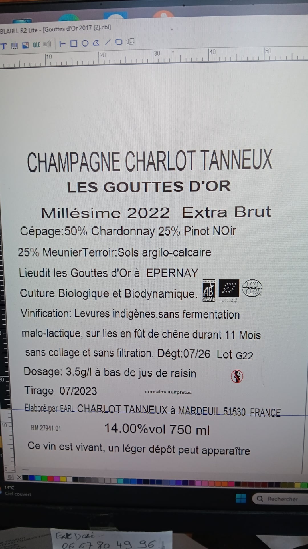 Vincent Charlot, Les Gouttes D´Or 2022 - Extra brut